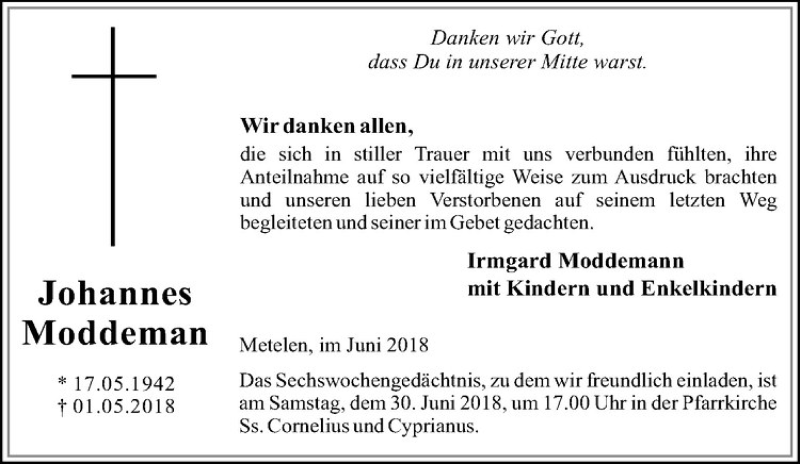  Traueranzeige für Johannes Moddemann vom 28.06.2018 aus Westfälische Nachrichten