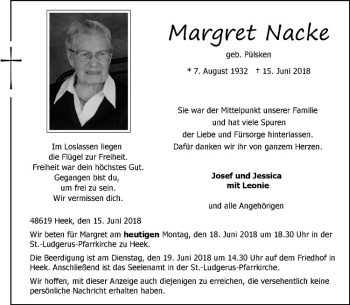 Anzeige von Margret Nacke von Westfälische Nachrichten
