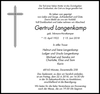 Anzeige von Gertrud Langenkamp von Westfälische Nachrichten