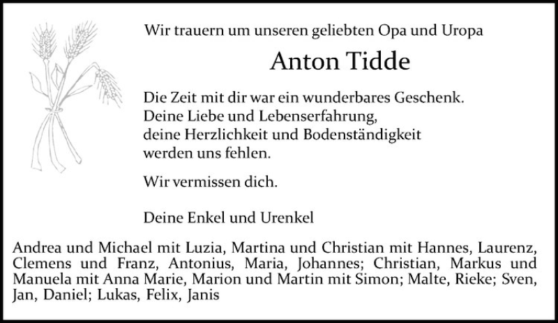  Traueranzeige für Anton Tidde vom 16.06.2018 aus Westfälische Nachrichten