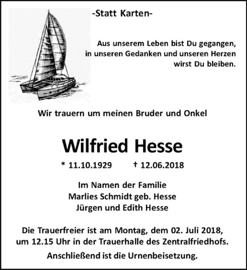  Traueranzeige für Wilfried Hesse vom 27.06.2018 aus Westfälische Nachrichten