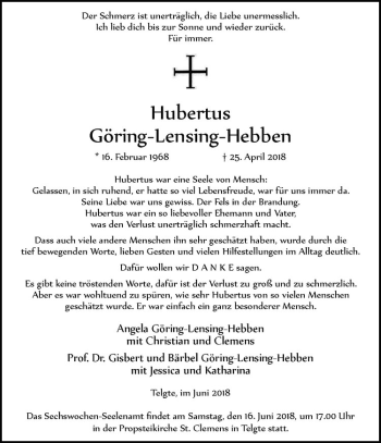 Anzeige von Hubertus Göring-Lensing-Hebben von Westfälische Nachrichten