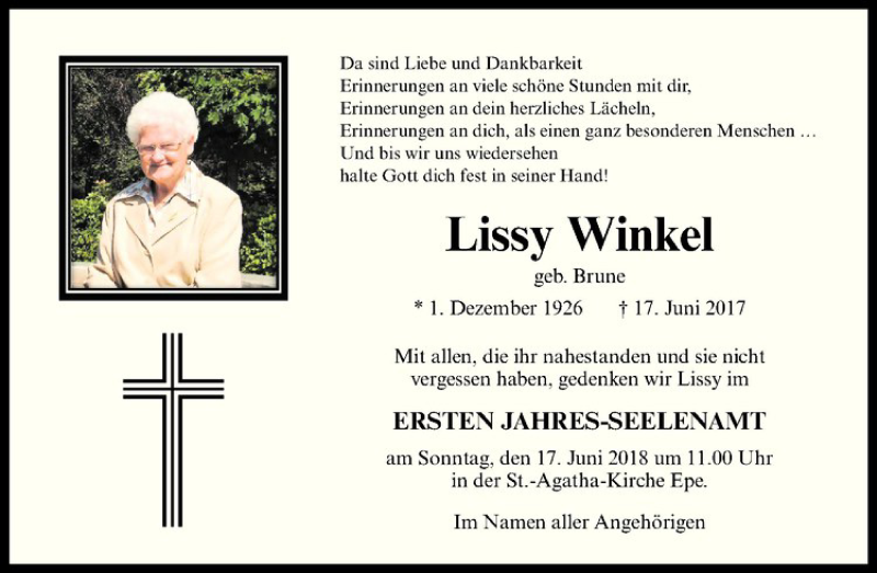  Traueranzeige für Lissy Winkel vom 12.06.2018 aus Westfälische Nachrichten