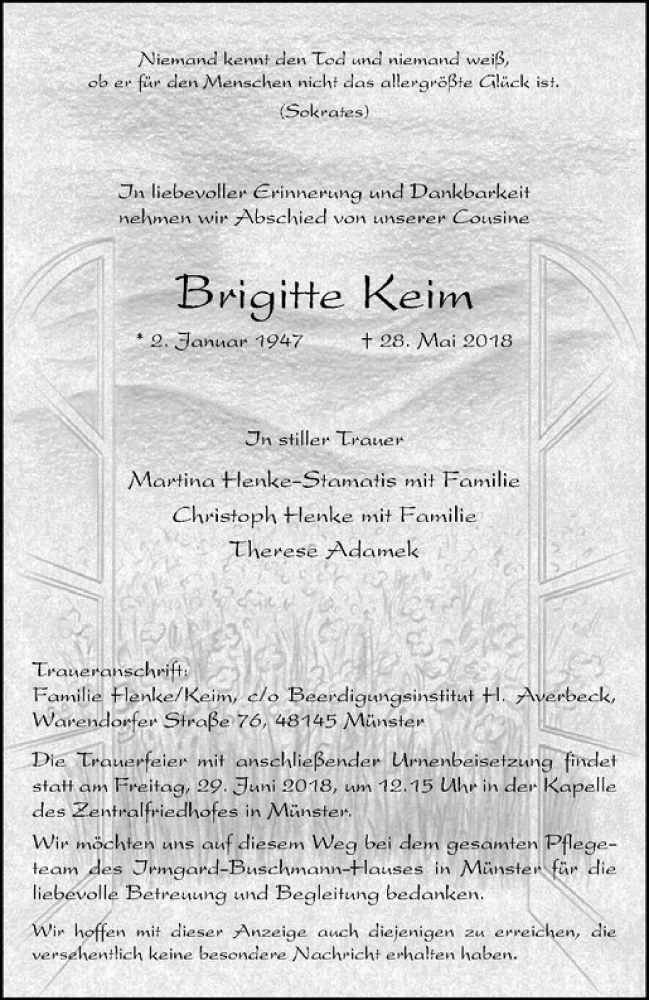  Traueranzeige für Brigitte Keim vom 16.06.2018 aus Westfälische Nachrichten