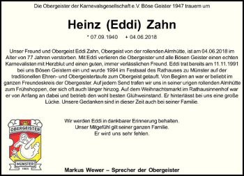Anzeige von Heinz Zahn von Westfälische Nachrichten