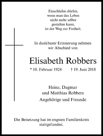 Anzeige von Elisabeth Robbers von Westfälische Nachrichten