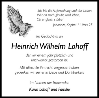 Anzeige von Heinrich Wilhelm Lohoff von Westfälische Nachrichten