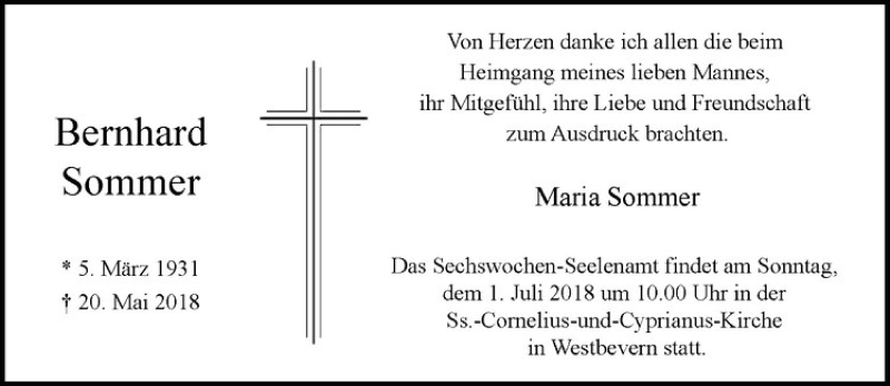  Traueranzeige für Bernhard Sommer vom 23.06.2018 aus Westfälische Nachrichten