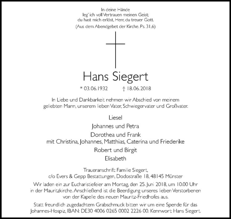  Traueranzeige für Hans Siegert vom 21.06.2018 aus Westfälische Nachrichten