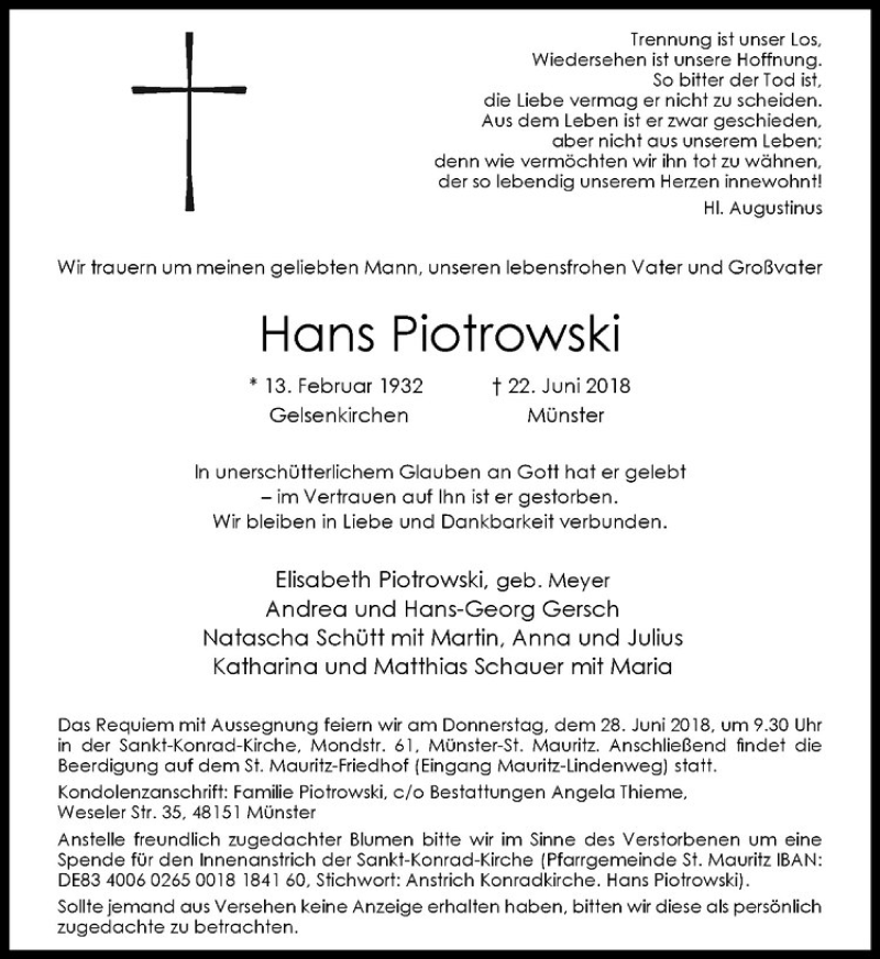  Traueranzeige für Hans Piotrowski vom 23.06.2018 aus Westfälische Nachrichten