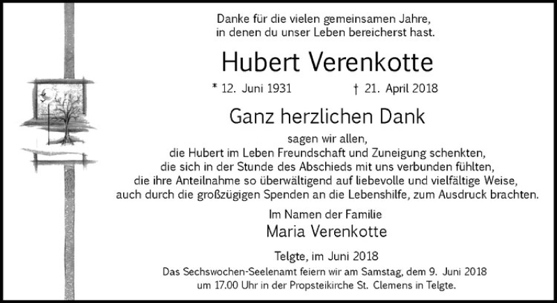  Traueranzeige für Hubert Verenkotte vom 02.06.2018 aus Westfälische Nachrichten
