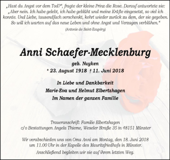 Anzeige von Anni Schäfer-Mecklenburg von Westfälische Nachrichten