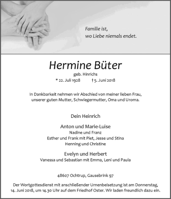 Anzeige von Hermine Büter von Westfälische Nachrichten
