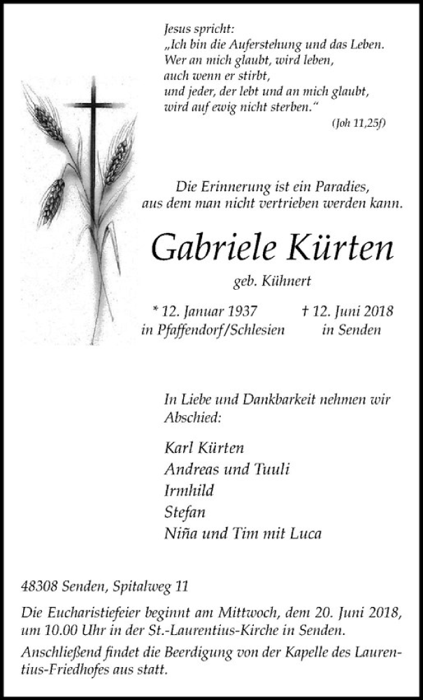  Traueranzeige für Gabriele Kürten vom 16.06.2018 aus Westfälische Nachrichten