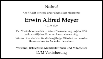 Anzeige von Erwin Alfred Meyer von Westfälische Nachrichten