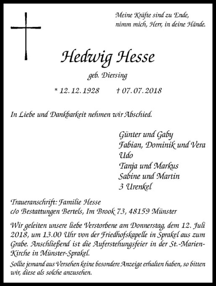  Traueranzeige für Hedwig Hesse vom 10.07.2018 aus Westfälische Nachrichten