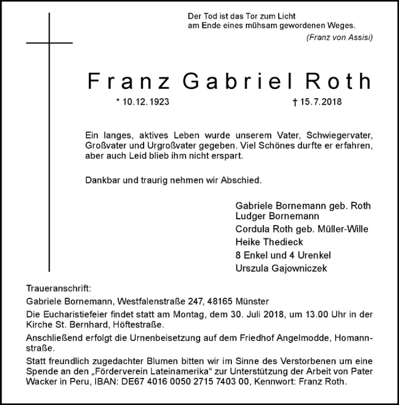  Traueranzeige für Franz Gabriel Roth vom 21.07.2018 aus Westfälische Nachrichten