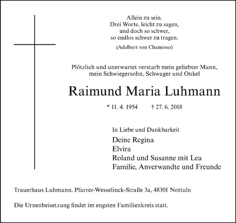  Traueranzeige für Raimund Maria Luhmann vom 07.07.2018 aus Westfälische Nachrichten
