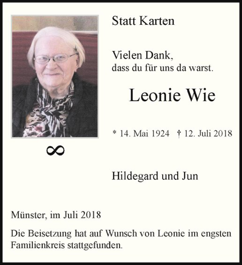  Traueranzeige für Leonie Wie vom 25.07.2018 aus Westfälische Nachrichten
