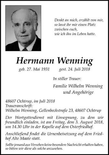 Anzeige von Hermann Wenning von Westfälische Nachrichten