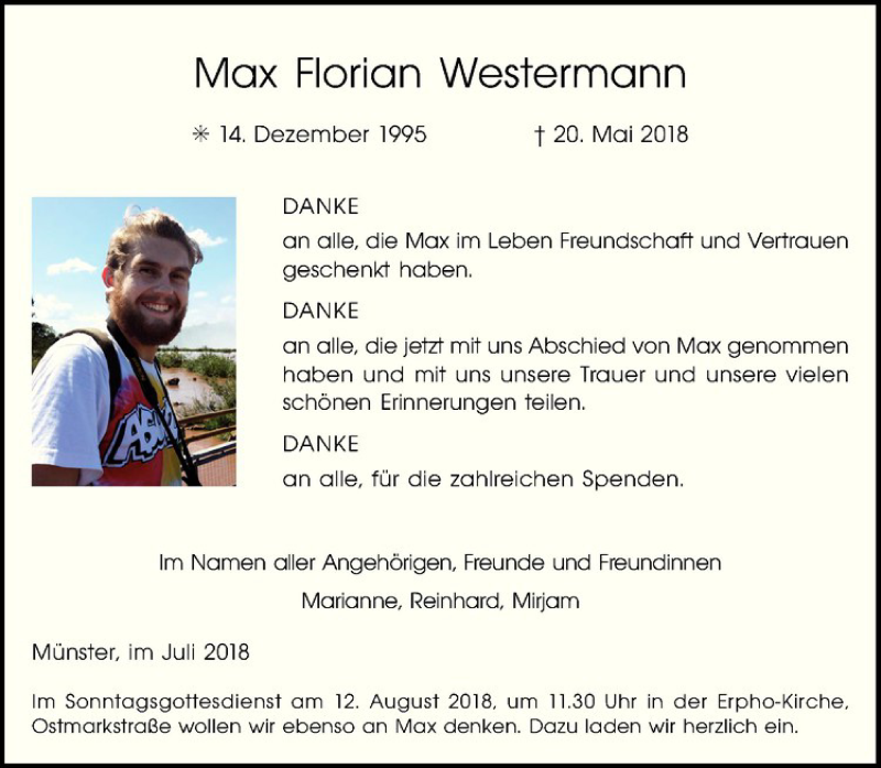  Traueranzeige für Max Florian Westermann vom 21.07.2018 aus Westfälische Nachrichten