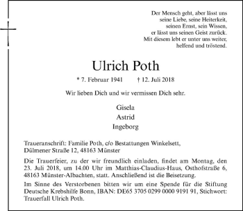 Anzeige von Ulrich Poth von Westfälische Nachrichten