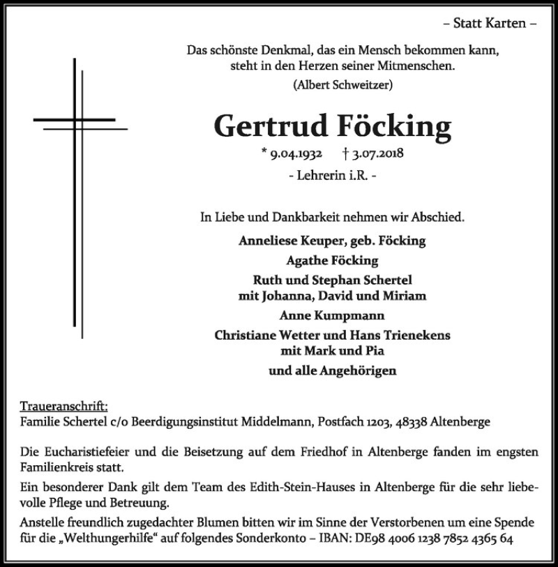  Traueranzeige für Gertrud Föcking vom 07.07.2018 aus Westfälische Nachrichten