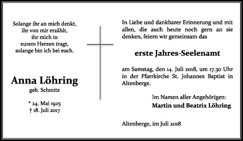  Traueranzeige für Anna Löhring vom 07.07.2018 aus Westfälische Nachrichten