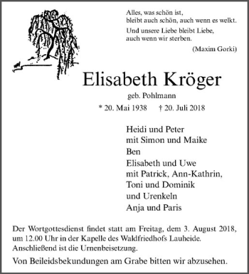 Anzeige von Elisabeth Kröger von Westfälische Nachrichten