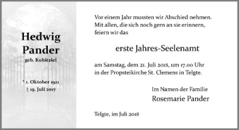 Anzeige von Hedwig Pander von Westfälische Nachrichten