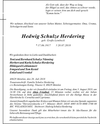 Anzeige von Hedwig Schulze Herdering von Westfälische Nachrichten