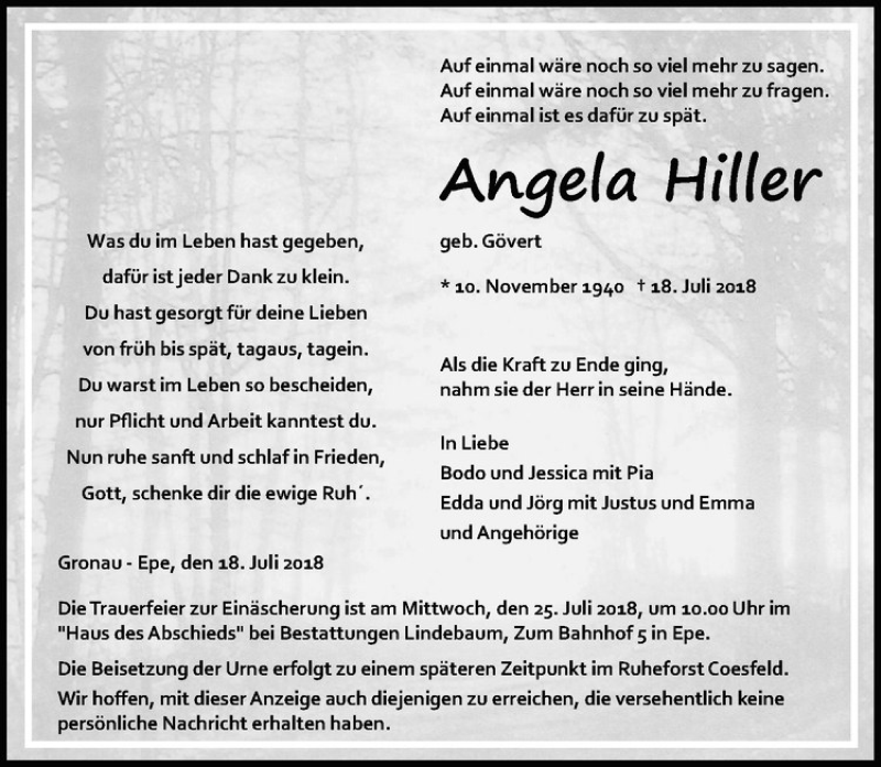  Traueranzeige für Angela Hiller vom 21.07.2018 aus Westfälische Nachrichten