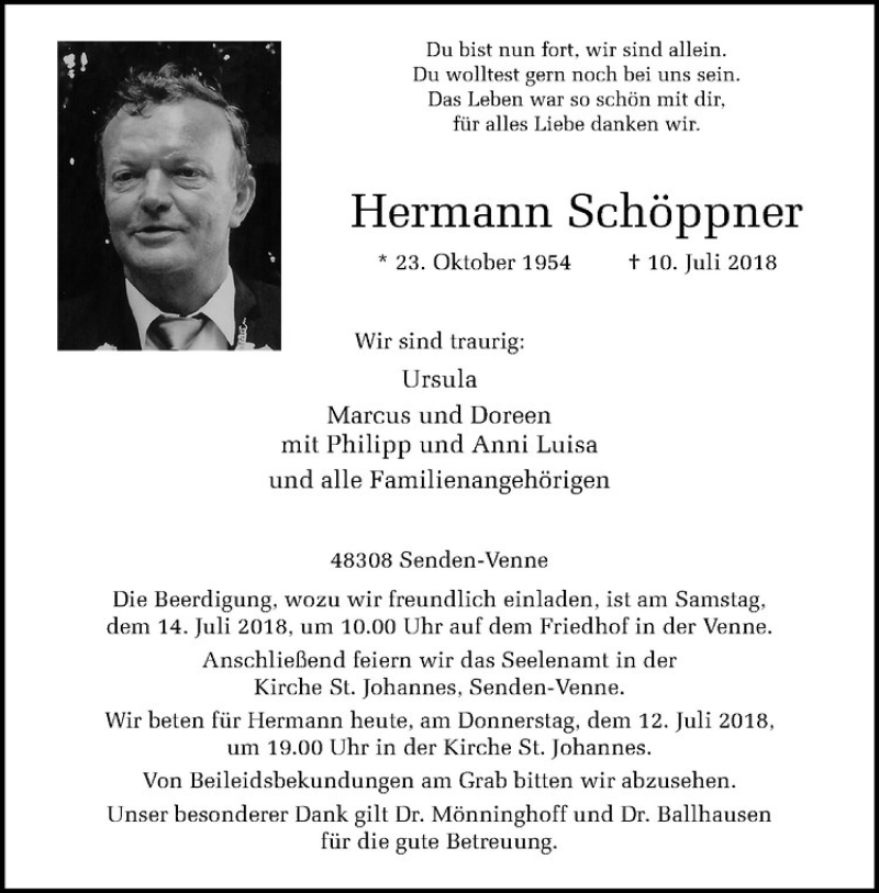  Traueranzeige für Hermann Schöppner vom 12.07.2018 aus Westfälische Nachrichten