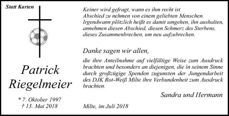  Traueranzeige für Patrick Riegelmeier vom 07.07.2018 aus Westfälische Nachrichten