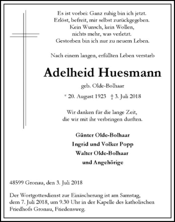Anzeige von Adelheid Huesmann von Westfälische Nachrichten