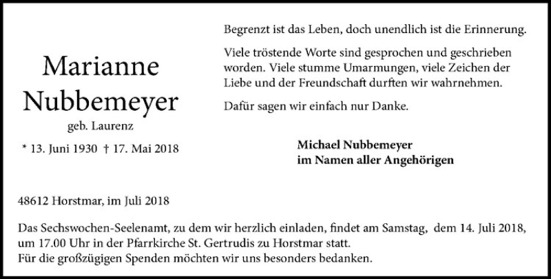  Traueranzeige für Marianne Nubbemeyer vom 11.07.2018 aus Westfälische Nachrichten