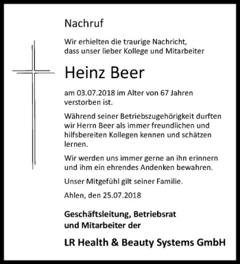 Anzeige von Heinz Beer von Westfälische Nachrichten