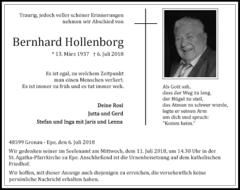 Anzeige von Bernhard Hollenborg von Westfälische Nachrichten