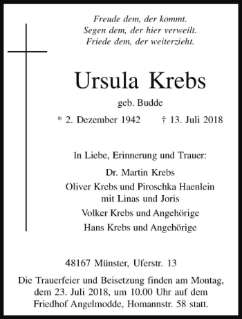 Anzeige von Ursula Krebs von Westfälische Nachrichten