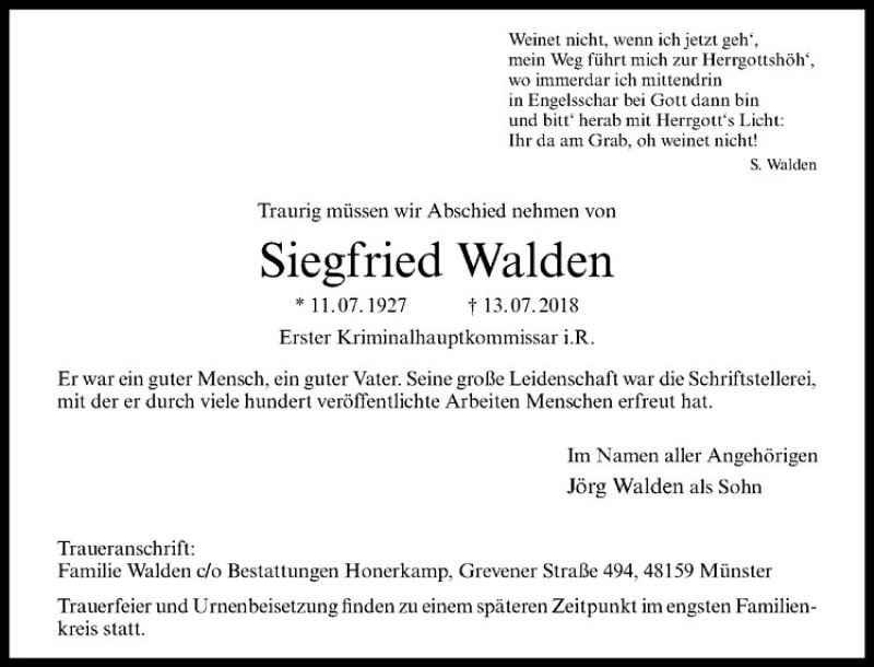  Traueranzeige für Siegfried Walden vom 21.07.2018 aus Westfälische Nachrichten