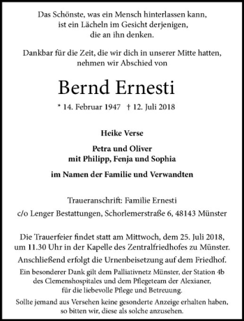 Anzeige von Bernd Ernesti von Westfälische Nachrichten