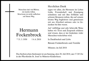 Anzeige von Hermann Fockenbrock von Westfälische Nachrichten