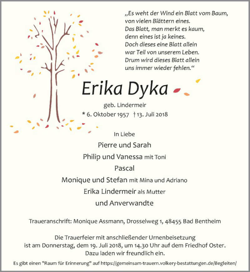  Traueranzeige für Erika Dyka vom 14.07.2018 aus Westfälische Nachrichten
