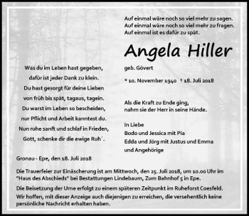 Anzeige von Angela Hiller von Westfälische Nachrichten