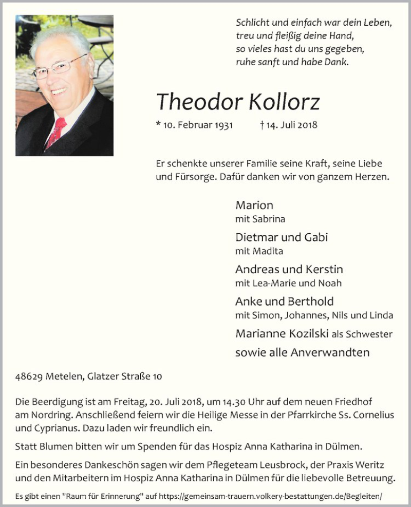  Traueranzeige für Theodor Kollorz vom 17.07.2018 aus Westfälische Nachrichten