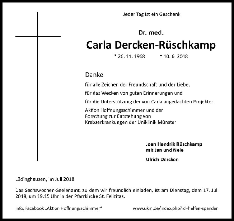  Traueranzeige für Carla Dercken-Rüschkamp vom 11.07.2018 aus Westfälische Nachrichten