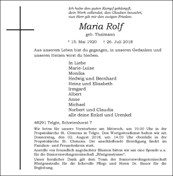 Anzeige von Maria Rolf von Westfälische Nachrichten