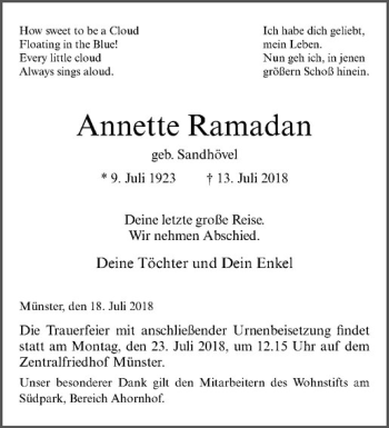 Anzeige von Annette Ramadan von Westfälische Nachrichten