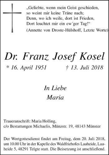 Anzeige von Franz Josef Kosel von Westfälische Nachrichten