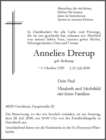 Anzeige von Annelies Drerup von Westfälische Nachrichten